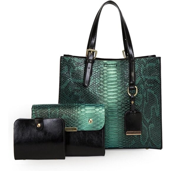 Handbags - Women’s green 3 Pcs Crocodile Pattern Satchel Set | Stylish Tote & Purse Bags
